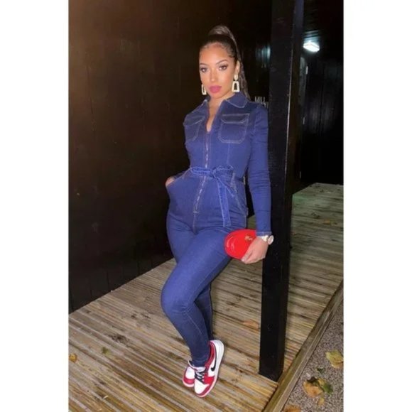 Blue Denim Jeans Long Sleeve Belted Bodycon Jumpsuit Playsuit - Picture 7 of 13